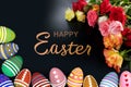 Colored painted eggs 3d rendering model, rose flowers, background for design, postcards, concept of Easter, Spring Festival, 3d Royalty Free Stock Photo