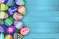Colored painted eggs 3d rendering model, wooden background for design, postcards, concept of Easter, Christian traditions, Royalty Free Stock Photo