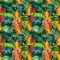 Colored Palm leaves, tropical background, hand drawn watercolor botanical painting. Seamless pattern, jungle wallpaper