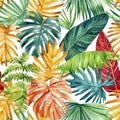 Colored Palm leaves, tropical background, hand drawn watercolor botanical painting. Seamless pattern, jungle wallpaper