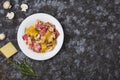 Colored papardelle with chicken, bacon and mushrooms