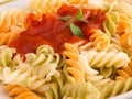 Colored pasta with tomato sauce on plate close up Royalty Free Stock Photo