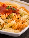 Colored pasta with tomato sauce on plate close up Royalty Free Stock Photo