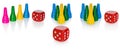 Colored pawns and red dice. Set pieces in the colors yellow, green, blue. Cube in red with white eyes. Royalty Free Stock Photo