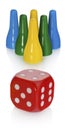 Colored pawns and red dice. Set pieces in the colors yellow, green, blue. Cube in red with white eyes. Royalty Free Stock Photo