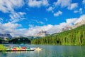 Colored pedalos on Lake Misurina, Dolomites, Italy Royalty Free Stock Photo