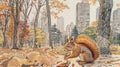 A colored pencil drawing of a squirrel collecting nuts in a city park with towering trees and towering buildings Royalty Free Stock Photo