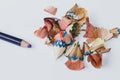 Colored pencil and sawdust caused by a pencil sharpener on the White Blackground Royalty Free Stock Photo