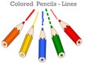 Colored pencil set. Different lines types. Dash, dotted, ragged, stipple hatch line. Blue, green, yellow, red pencils. Colorful p