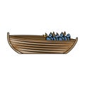 Colored pencil silhouette of wooden fishing boat full of fish
