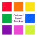 Colored pencil strokes vector set. Crayon texture background collection isolated on white. Hand drawn square fill scribbles,