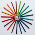 Colored pencils arranged in a circular pattern on a white surface Royalty Free Stock Photo