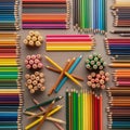 Colored pencils arranged neatly on a flat surface in a grid like Royalty Free Stock Photo