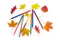 Colored pencils among the autumn leaves on a white background