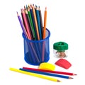 colored pencils in the basket, Eraser and pencil sharpener on white background Royalty Free Stock Photo