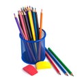 colored pencils in the basket, Eraser and pencil sharpener on white background Royalty Free Stock Photo