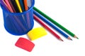 colored pencils in the basket, Eraser and pencil sharpener on white background Royalty Free Stock Photo