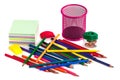 colored pencils in the basket, Eraser and pencil sharpener on white background Royalty Free Stock Photo