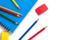 colored pencils, Eraser and pencil sharpener on white background Royalty Free Stock Photo