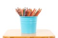 Colored pencils in a blue metallic pencil case Royalty Free Stock Photo
