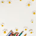 Colored pencils and camomiles on a white background. Top view, flower frame / border . Empty space for text or product. Lifestyle Royalty Free Stock Photo