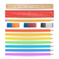 Colored Pencils, Eraser, Measuring Ruler Isolated Set Vector.