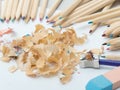 Colored pencils, eraser and pencil sharpener Royalty Free Stock Photo