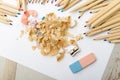 Colored pencils, eraser and pencil sharpener Royalty Free Stock Photo