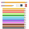 Colored pencils, eraser and sharpener on white vector set Royalty Free Stock Photo