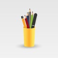 Colored pencils in a glass for office. Vector illustration isolated on white background. Royalty Free Stock Photo