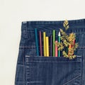 colored pencils and a green spikelet in a jeans pocket Royalty Free Stock Photo