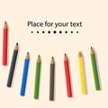 Colored pencils isolated on light background. Place for text. Baby colorful colored pencils. Vector illustration.