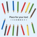 Colored pencils isolated on light background. Place for text. Baby colorful colored pencils. Vector illustration.