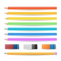 Colored Pencils Isolated Set Vector. Realistic Eraser And School Tools Royalty Free Stock Photo