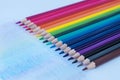 colored pencils lie in a diagonal row like a rainbow. traces of these pencils are drawn on a white background. Royalty Free Stock Photo