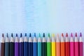 colored pencils lie in a horizontal row like a rainbow. traces of these pencils are drawn on a white background. Royalty Free Stock Photo