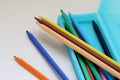 Colored pencils in a light blue pencil case Royalty Free Stock Photo