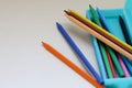 Colored pencils in a light blue pencil case Royalty Free Stock Photo