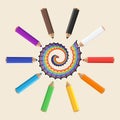 Colored pencils with multicolored spiral. Color festive background.