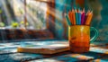 Colored pencils and notebook on table in front of window Royalty Free Stock Photo