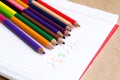 Colored pencils with painted stripes next. Multicolored stripes. Colored pencils for children. Drawing with the kids. Art school. Royalty Free Stock Photo