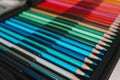 Colored pencils palette. School supplies for kids. Colorful wooden pencils lined up Royalty Free Stock Photo