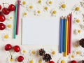 Colored pencils, paper, camomiles, cherry berries and fir cones on a ivory background. Top view, Mockup