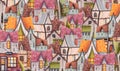 Colored pencils pattern city with cafe, houses, greenhouse.