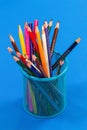 Colored pencils in a pencil case on blue background with copy sp Royalty Free Stock Photo