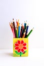 Colored pencils in a pencil case on white background Royalty Free Stock Photo