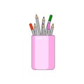 Colored pencils in a pink jar stand. Twelve colors of children`s multi-colored pencils. Isolated icon on a white Royalty Free Stock Photo