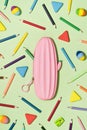 Colored Pencils with pink pencil case background pattern. Back to School Royalty Free Stock Photo