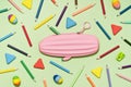 Colored Pencils with pink pencil case background pattern. Back to School Royalty Free Stock Photo