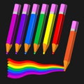Colored pencils rainbow on a black isolated background. Vector image Royalty Free Stock Photo